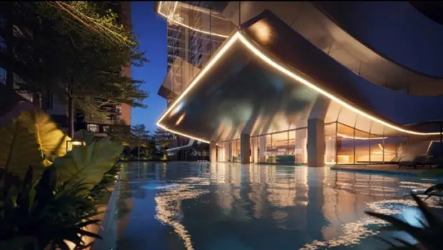 Night view of swimming pool in MSN Neopolis Apartment by MSN Realty located at Neopolis, close to Neopolis circle, Hyderabad Telangana